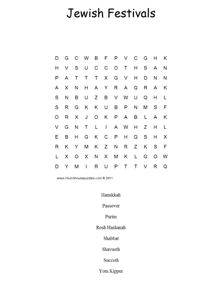 Jewish Festivals word Search puzzle